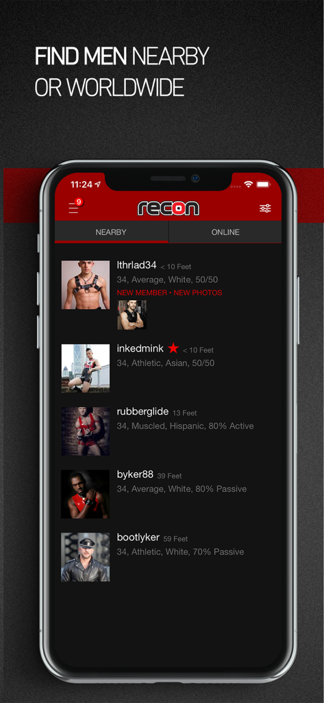 Mobile app interface showing a list of nearby men profiles on the Recon fetish dating app