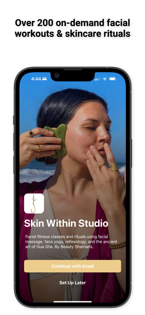 Skin Within Studio app welcome screen showing a woman performing a facial massage ritual with a green Gua Sha tool