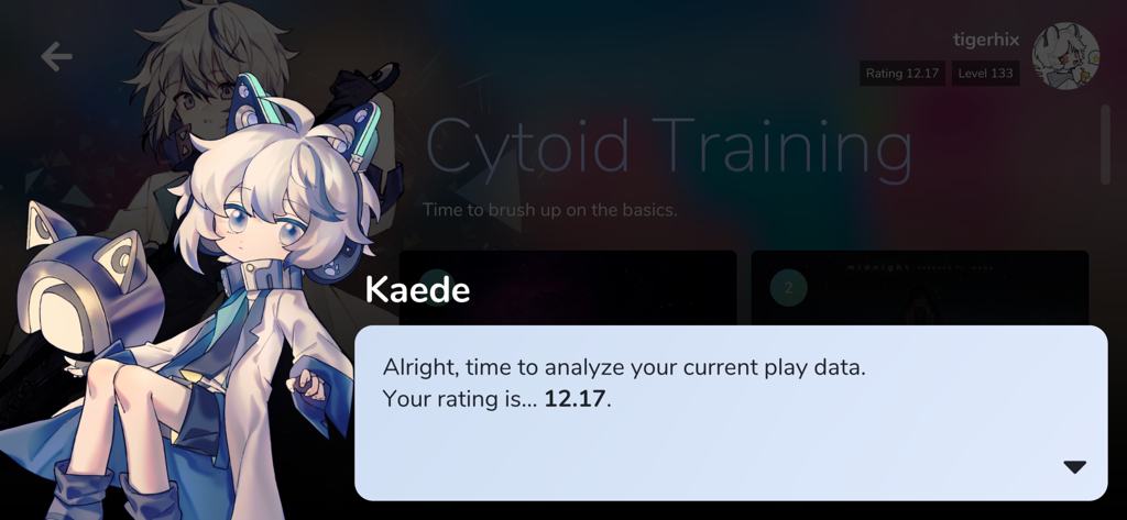 Kaede character in Cytoid training menu showing a player rating of 12.17