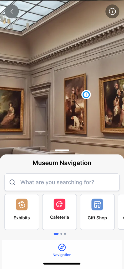 Virtual Wayz - A screenshot of the Virtual Wayz app featuring augmented reality navigation inside a museum gallery