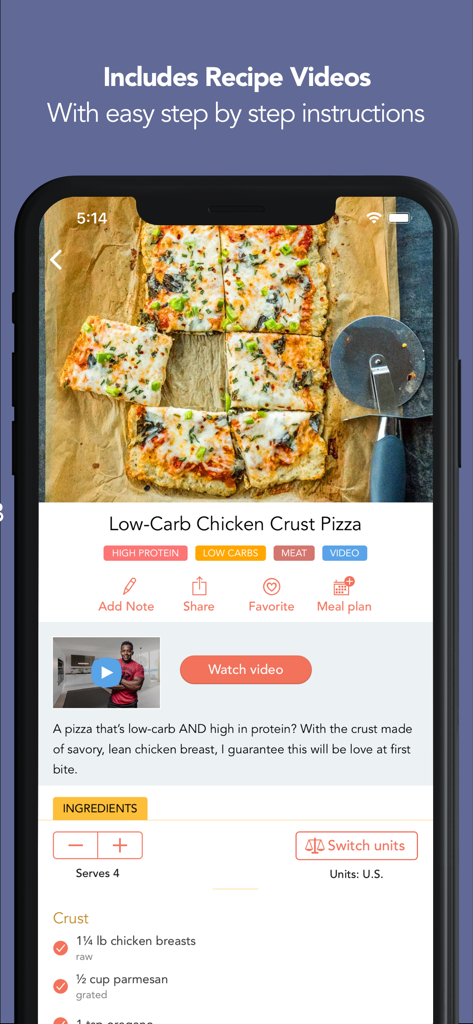 FitMenCook - Healthy Recipes - FitMenCook app screenshot showing a low carb chicken crust pizza recipe and step by step video instructions