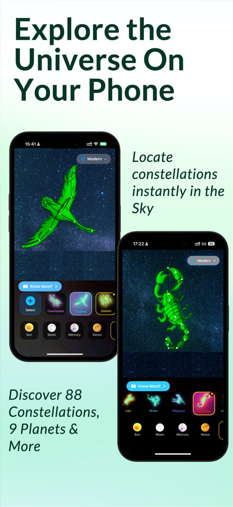 Skymap: Constellation Finder - Vista AR de las constelaciones Cygnus y Scorpius en la interfaz de la aplicación móvil Skymap.