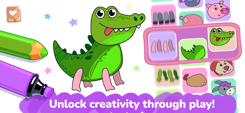 Un cocodrilo de dibujos animados verde siendo coloreado en la aplicación educativa Splashy para niños pequeños