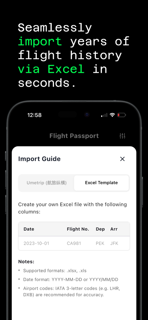 Flight Passport - Flight Passport app interface showing flight history excel import guide