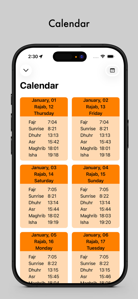 Athan: Full Athan - Vista de calendario mensual en la aplicación Athan que muestra horarios de oración islámicos diarios y fechas Hijri