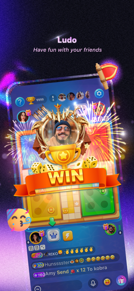 Xena - Group Voice Party - A winner celebration screen in a Ludo game on the Xena social app