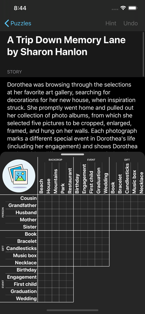 Pantalla de juego que muestra una historia de puzzle de lógica y una cuadrícula de deducción en modo oscuro para Hard Penny Dell Logic Puzzles.