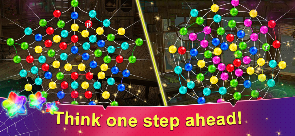 Cuentas de Match-3 de colores en un campo de juego con forma de telaraña en el juego de rompecabezas Rainbow Web 3.