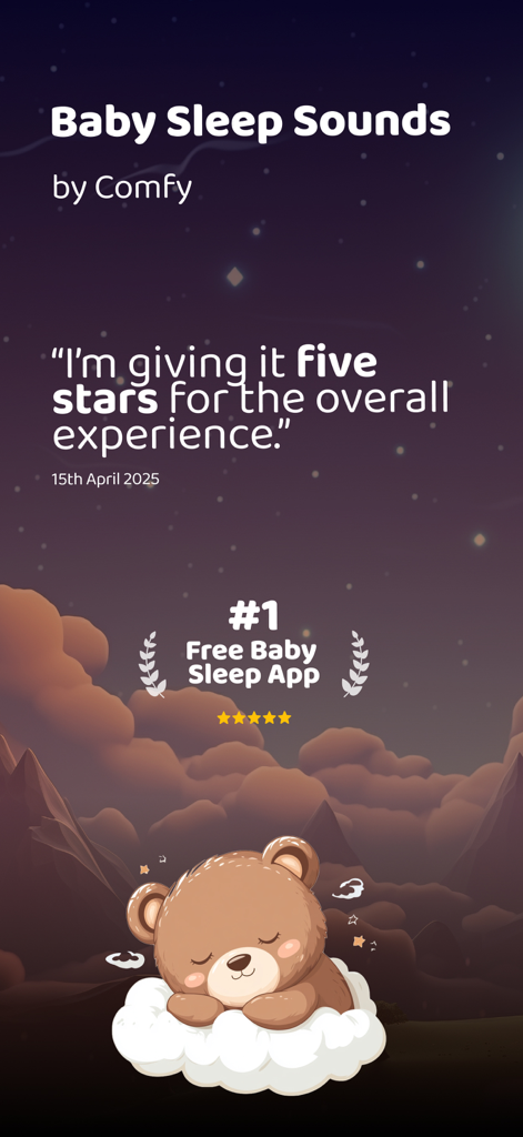 Baby Sleep Sounds by Comfy - Reseña de la aplicación Sonidos para dormir bebés de Comfy que muestra una calificación de cinco estrellas y una linda ilustración de un oso durmiendo