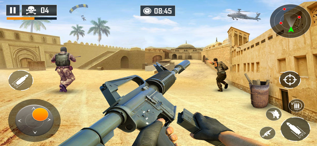 First-person shooter gameplay in a desert environment with soldiers and a helicopter