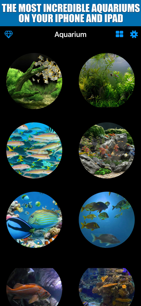 A menu showing multiple circular previews of different aquarium scenes with colorful fish and plants
