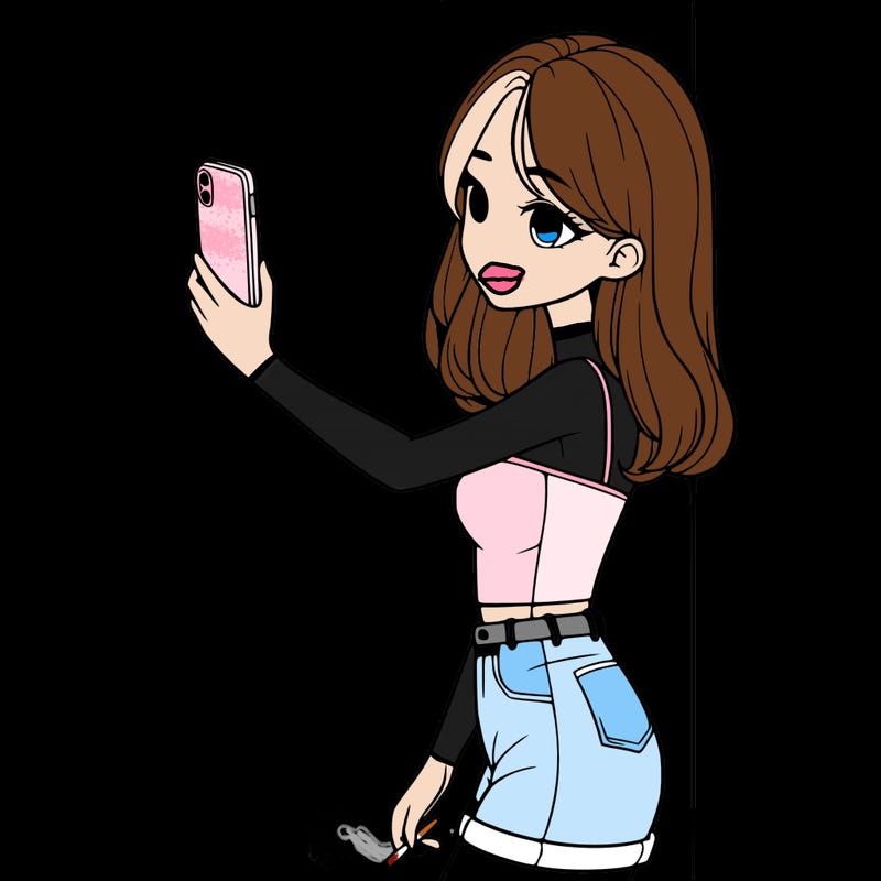 pretty girl leaning on a wall taking a picture on her phone realistically