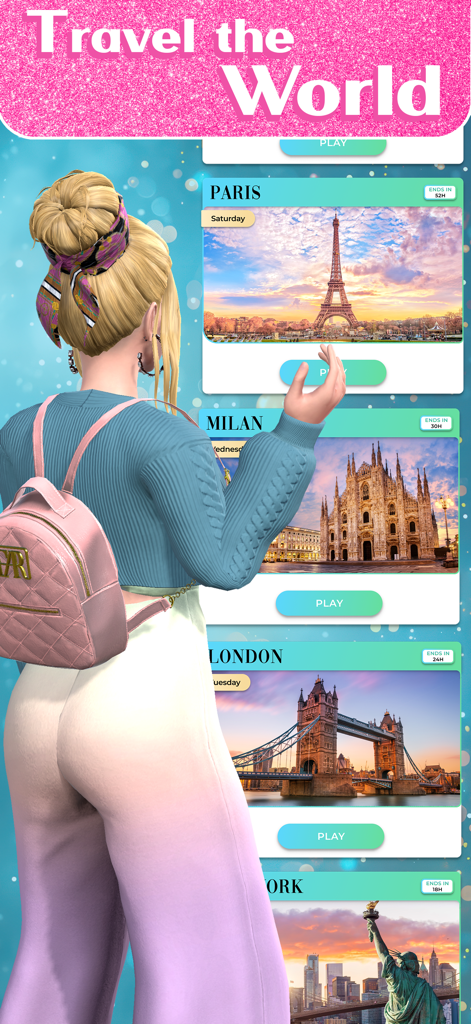 A 3D female avatar with a pink backpack looking at a travel menu featuring fashion destinations like Paris, Milan, and London.