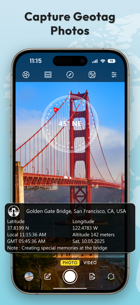GPS Map Camera Lite app interface showing a geotagged photo of the Golden Gate Bridge with timestamp and location data