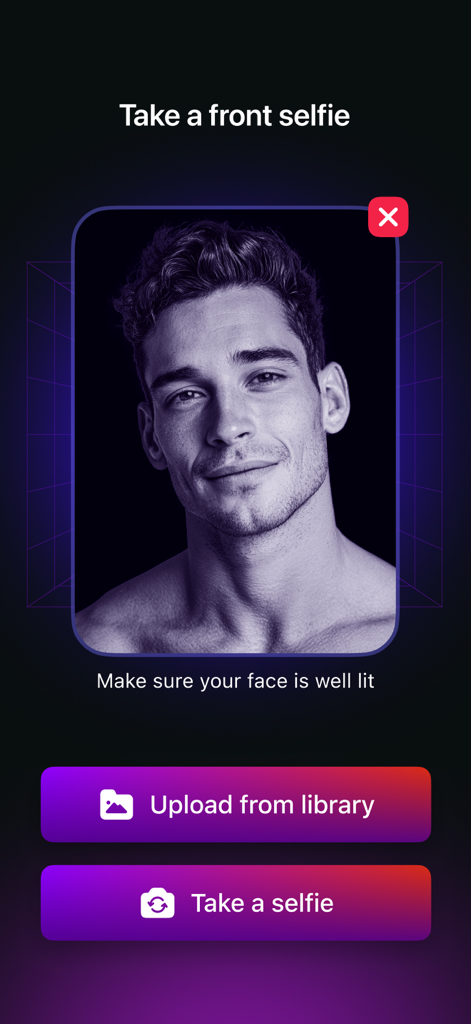 Interface for taking or uploading a front selfie to get an AI face rating.