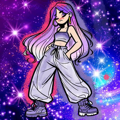 girl in baggy pants crop top and long hair