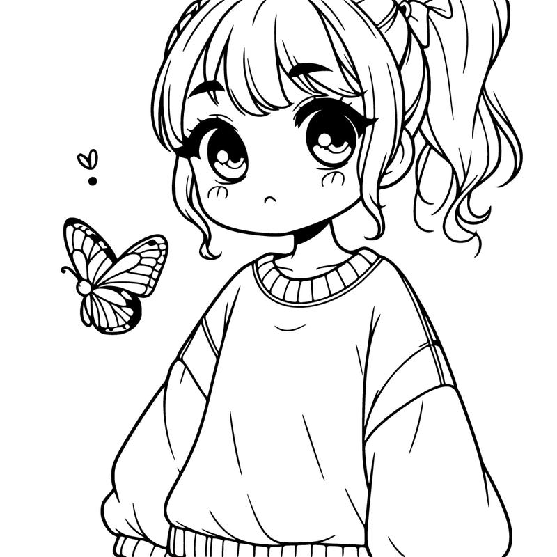 a realistic girl with an over sized shirt and ponytail and a butterfly near