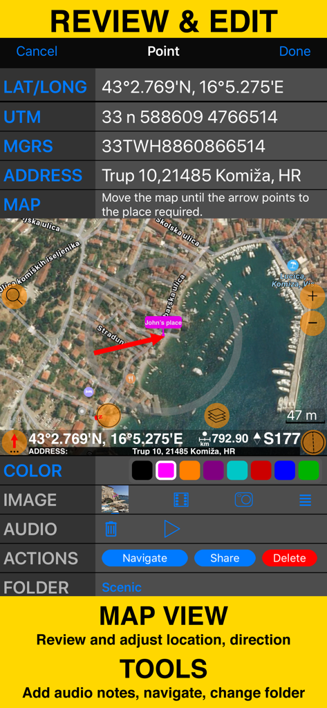 GPS Camera 55. Field Survey - Review and edit screen with coordinates map view and field survey tools
