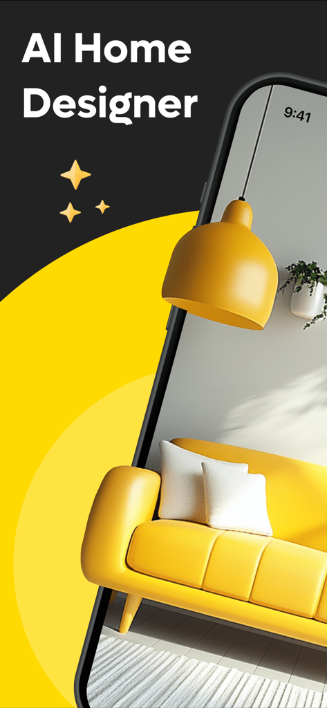 AI Interior Design, Renovation - AI Home Designer app interface featuring a modern yellow sofa and pendant light