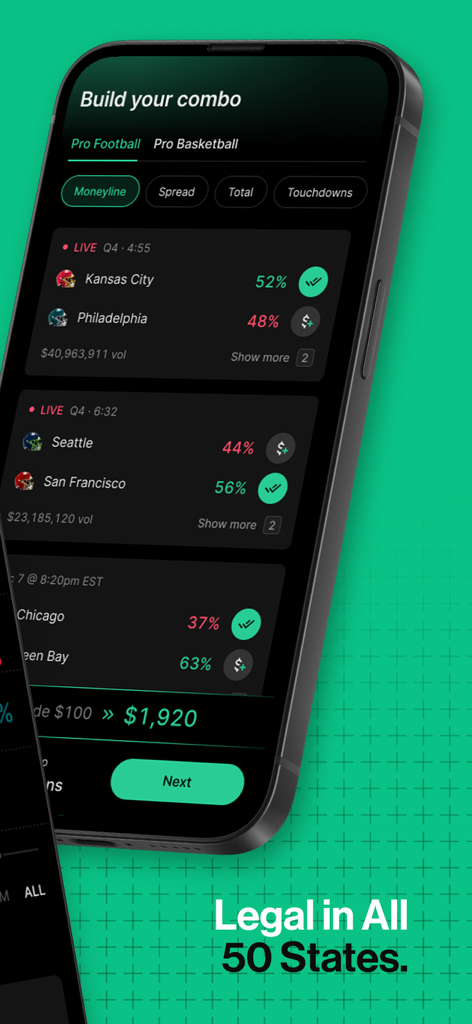 Kalshi app interface showing pro football event trading and legal status in all 50 states.
