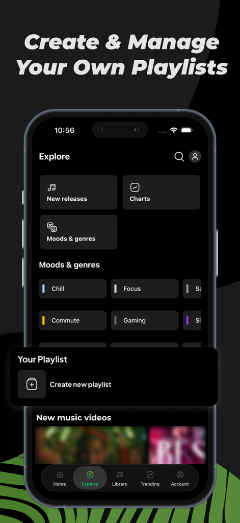 Music Lite - Music Player - Music Lite app interface showing explore categories like new releases and charts with a prompt to create a new playlist