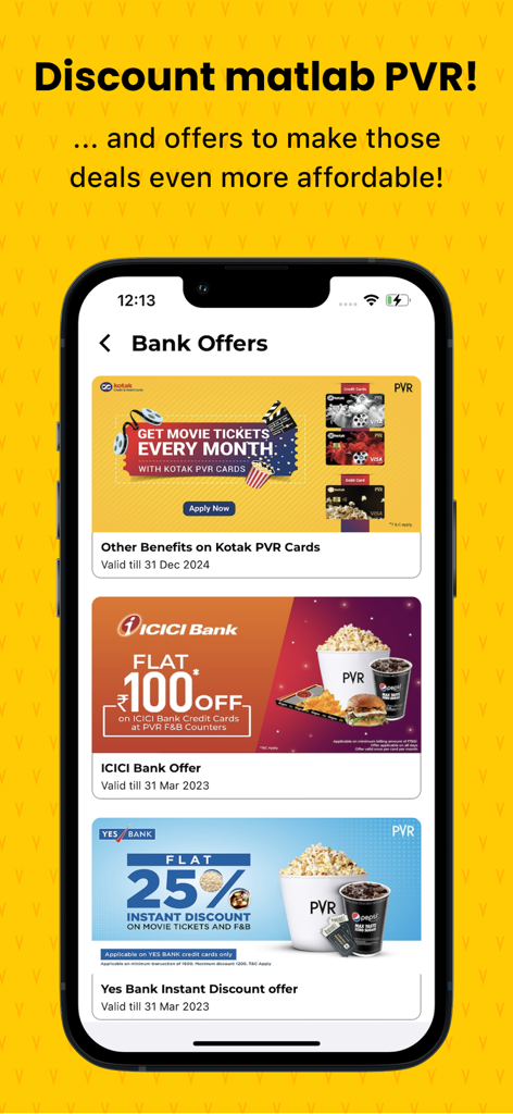 PVR Cinemas - Movie Tickets - PVR Cinemas app screen showing a list of bank promotional offers and discounts for movie tickets and food purchases