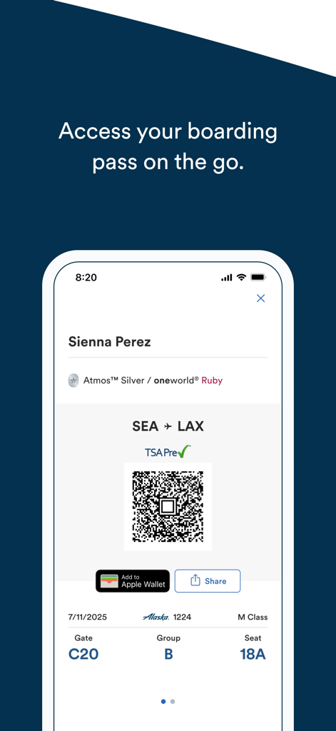 アラスカ航空モバイルアプリに表示されるデジタル搭乗券。QRコード、フライト詳細、Apple Wallet連携が特徴です。