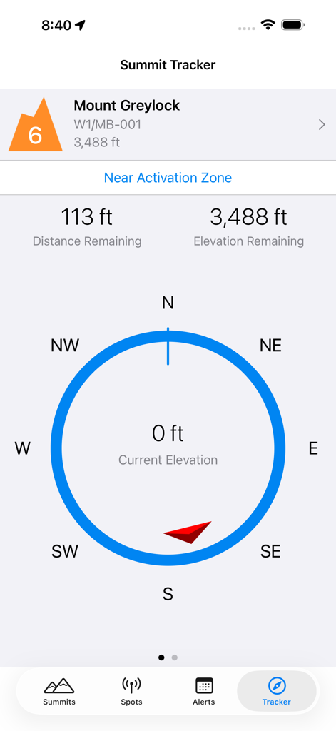 SOTA Goat - SOTA Goat app summit tracker screen displaying a navigation compass and distance to the activation zone for Mount Greylock