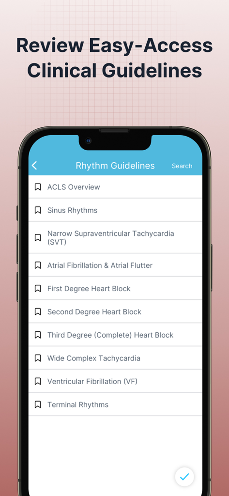 ECG EKG Interpretation Mastery - A smartphone displaying the Rhythm Guidelines section of the ECG EKG Interpretation Mastery app with a list of cardiac conditions