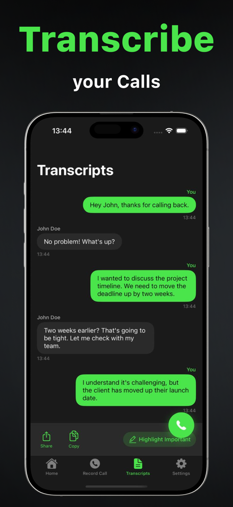 Call Recorder: Phone Audio Rec - Pantalla de smartphone mostrando una interfaz de transcripción de llamadas con una conversación grabada y herramientas de productividad