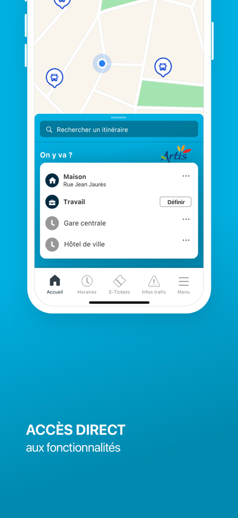 Artis Arras - Écran d'accueil de l'application Artis Arras avec carte de transport et destinations favorites