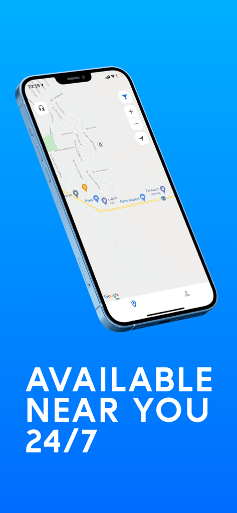 amiGO carsharing - iPhone mostrando o mapa da aplicação de carsharing amiGO com o texto disponível perto de si 24/7