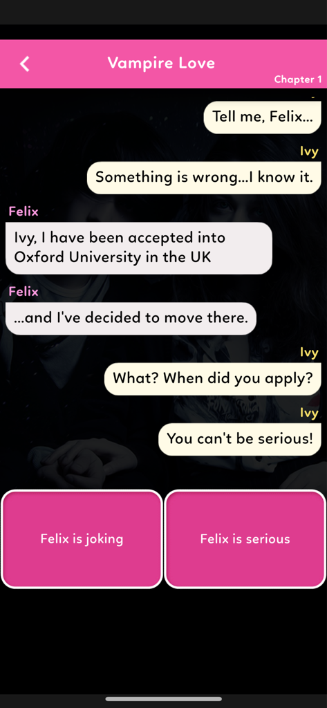 A chat interface from the Vampire Love story showing a dialogue between characters Ivy and Felix with two decision buttons at the bottom