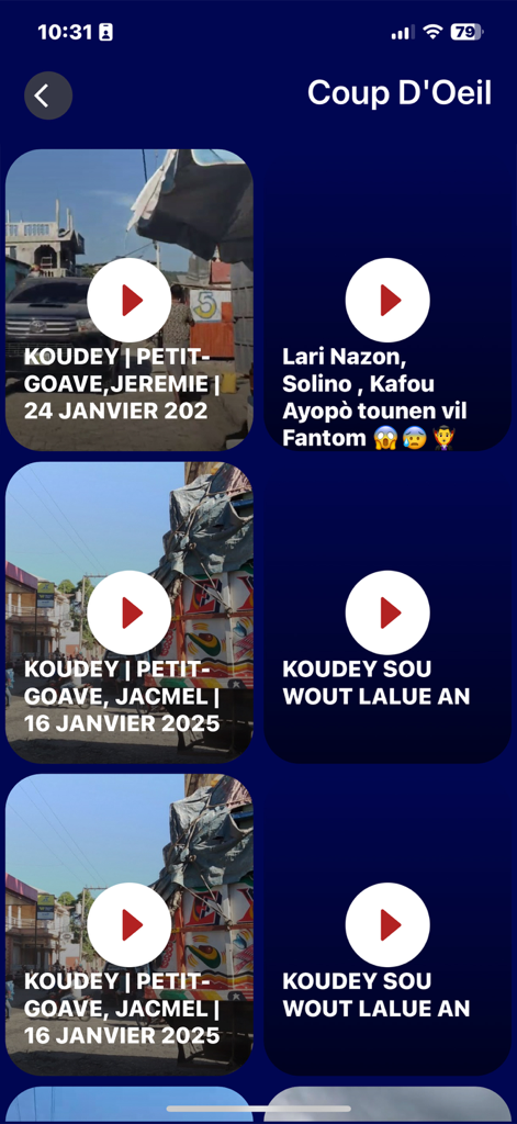 A grid of video news reports from Haiti in the Radio Tele Pacific app