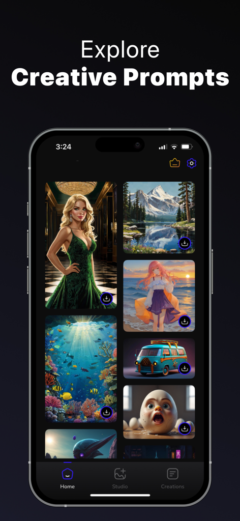 Flowline - AI Photo Generator - Bildschirm der Flowline-App, der eine Galerie KI-generierter Bilder zeigt, darunter Charaktere und Landschaften
