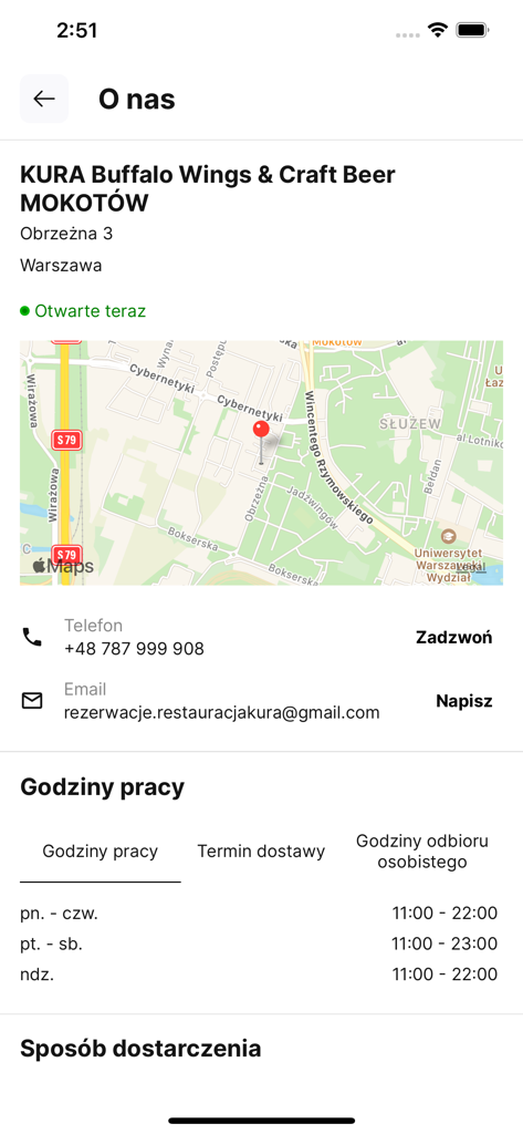 KURA - Captura de pantalla de la página de información del restaurante KURA Buffalo Wings and Craft Beer mostrando mapa de ubicación, número de teléfono, correo electrónico y horario de apertura