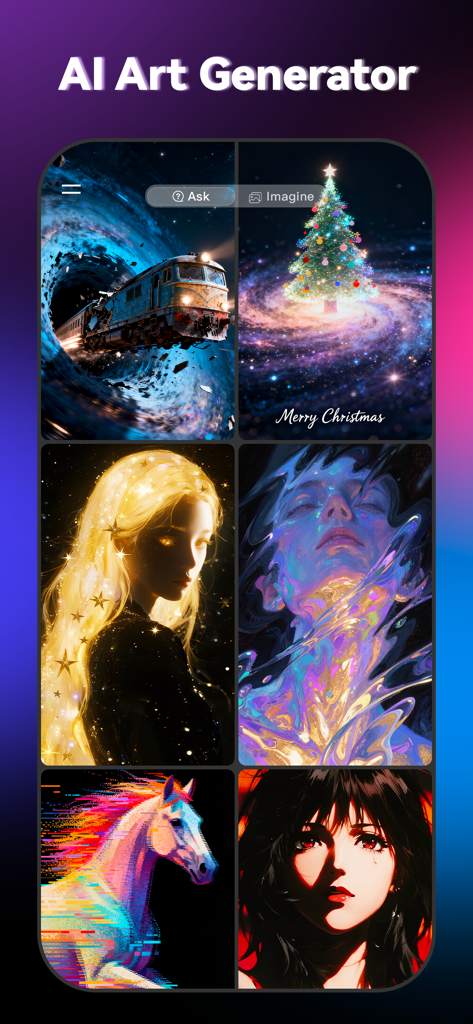 ThemeKit: Widget & Icon Themes - AI Art Generator interface displaying diverse wallpaper styles including anime fantasy and cosmic themes