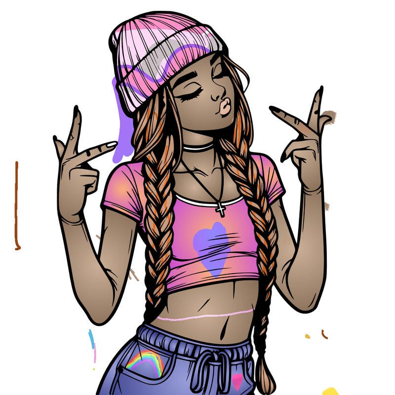 realistic teenage girl with braids and a beanie and crop top doing 🫶🏼