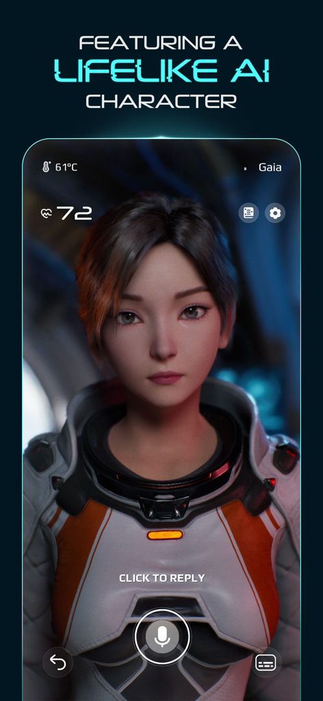 Lifelike AI character Stella in a spacesuit from the Whispers from the Star game interface.