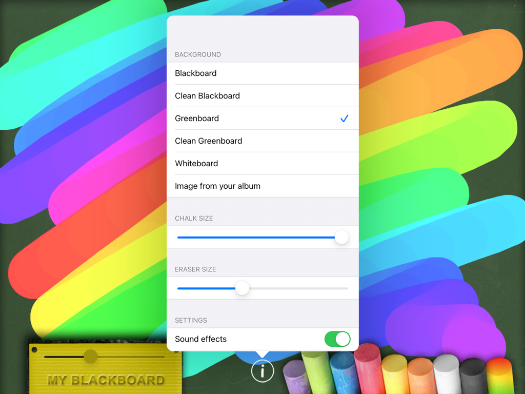 Chalkboard for iPad - Settings menu in Chalkboard for iPad app showing background options and chalk size sliders