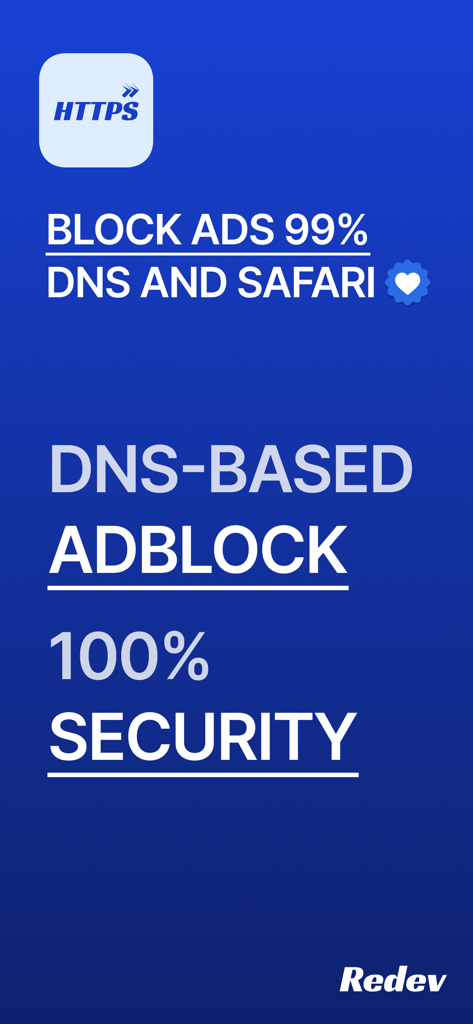Marketing screenshot for HTTPS Guard Pro app highlighting 99 percent ad blocking on DNS and Safari with 100 percent security