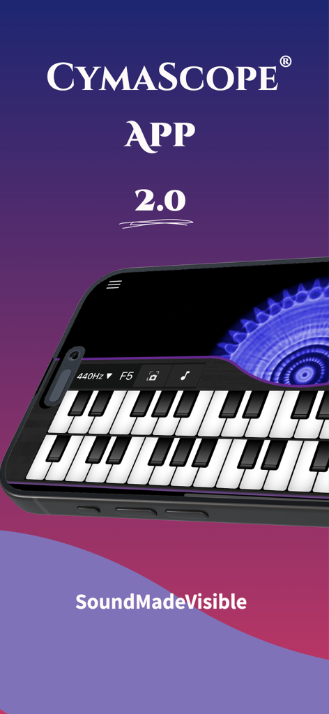 CymaScope - O aplicativo CymaScope 2.0 exibindo a tela de um smartphone com um teclado musical e padrões de frequência cimática azuis.