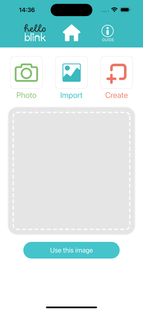 HelloBlink - HelloBlink mobile app home screen with options to photo, import, and create stickers.