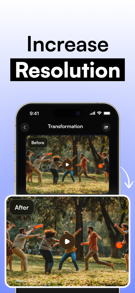 AI Upscale Video・4K Upscaler - Une comparaison avant/après montrant l'amélioration de la résolution vidéo, passant de flou à net à l'aide de l'IA.