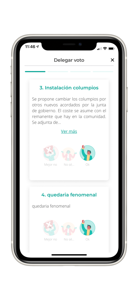 TucomunidApp - 놀이터 장비 설치와 같은 커뮤니티 결정에 대한 투표를 관리자 또는 다른 사람에게 위임하는 TucomunidApp의 위임 투표 기능 표시 스마트폰 화면