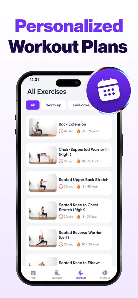 Chair Exercises for Seniors - A list of personalized seated exercises for seniors in a mobile app interface showing various stretches and yoga poses.