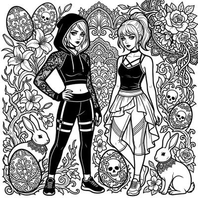 Dive into a surprisingly dark yet enchanting world with this Gothic Activewear Easter coloring page. Featuring two stylish figures amidst intricately detailed bunnies, skull-laden eggs, and mesmerizing Victorian patterns, it offers a unique artistic challenge.