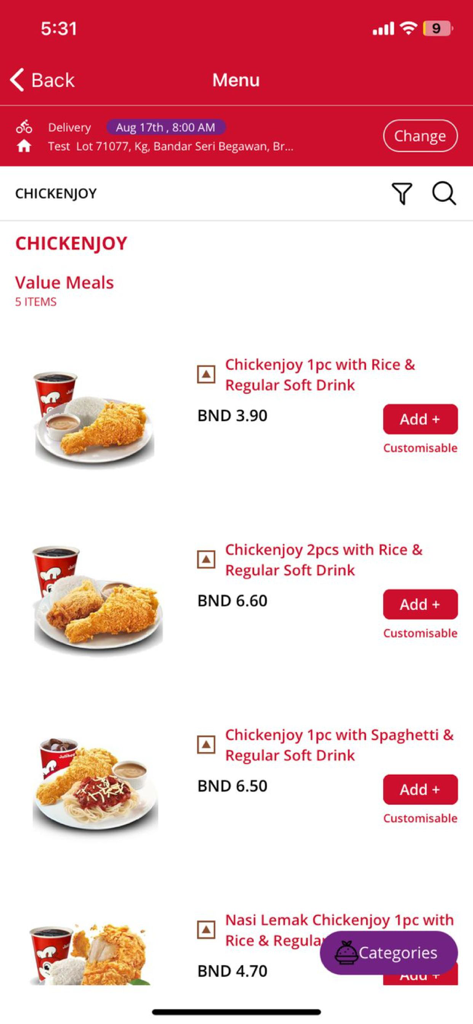 Jollibee Brunei - Menu screen of the Jollibee Brunei app displaying Chickenjoy value meals and prices