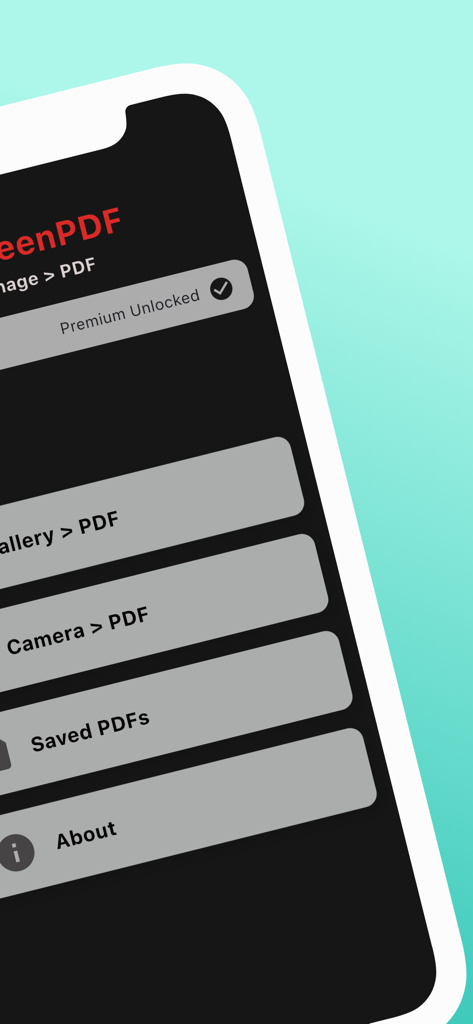 ScreenPDFアプリのメインメニュー、ギャラリーやカメラの画像をPDFに変換するためのオプションを表示