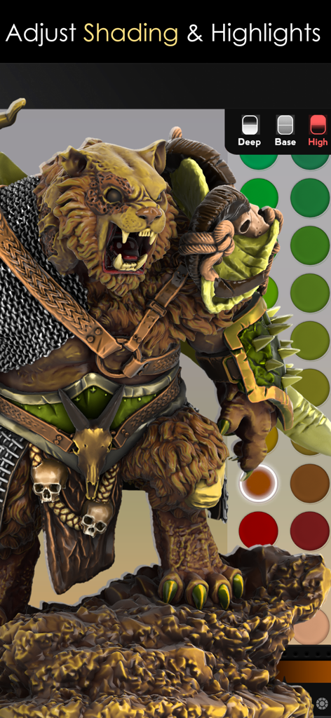 ColorMinis 3D Coloring Studio - Interface of ColorMinis app showing 3D shading and highlight adjustments on a fantasy beast warrior miniature